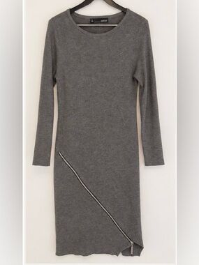 Chetta B Grey Ribbed Knit Midi Dress Diagonal Zip Slit Size M